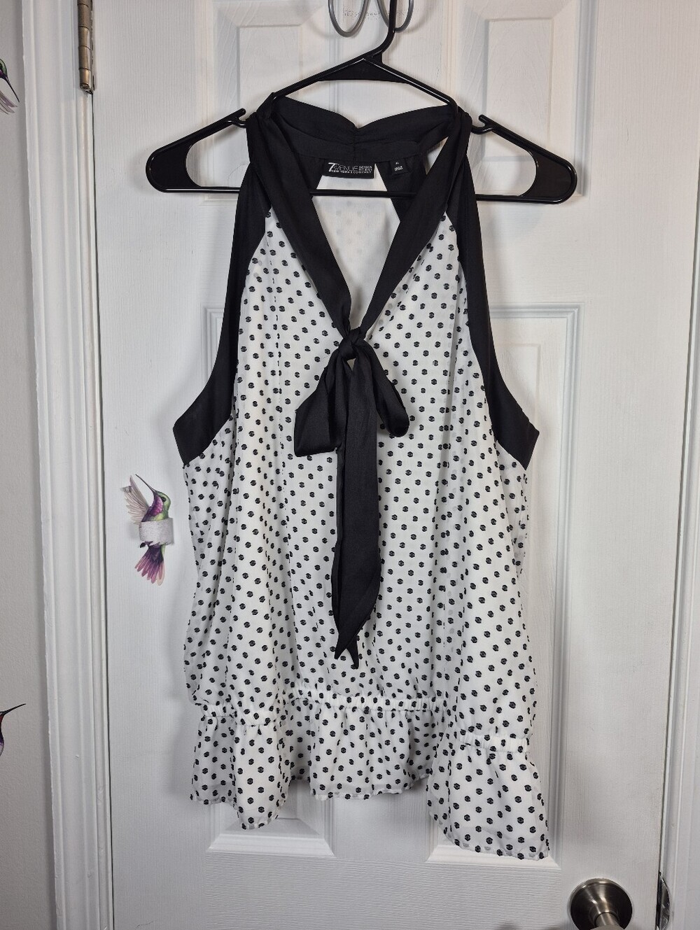 NY&Co Polka Dot Halter Blouse XL Coquette Satin Bow Top Retro Chic